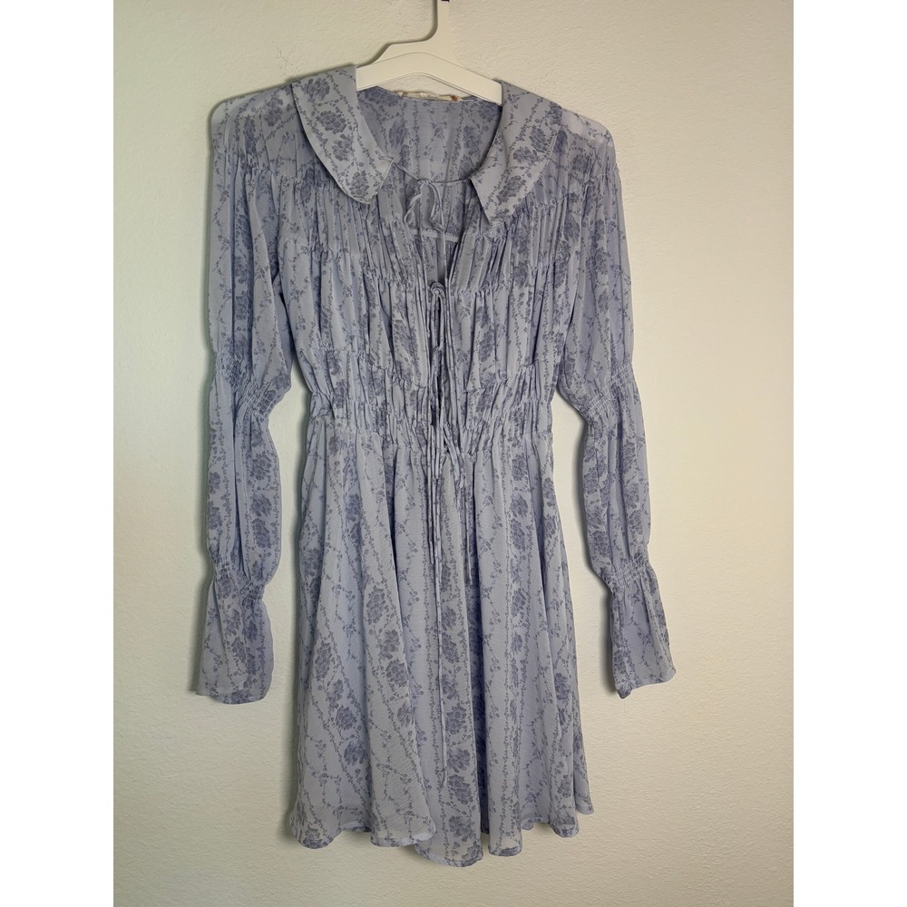 Kimchi Blue Floral Chiffon Smocked Mini Dress Blue Peter Pan Collar Small